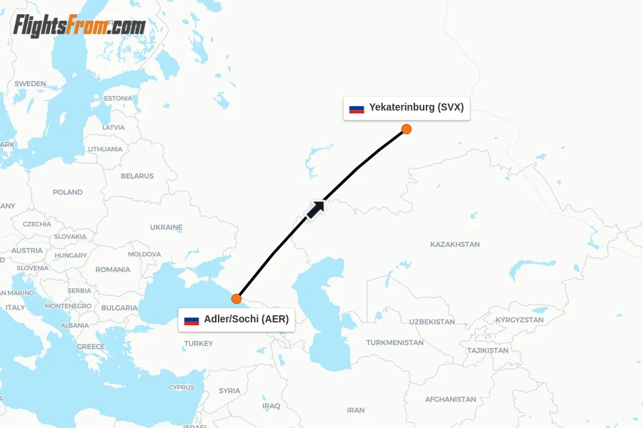 Flights from Adler/Sochi to Yekaterinburg route map