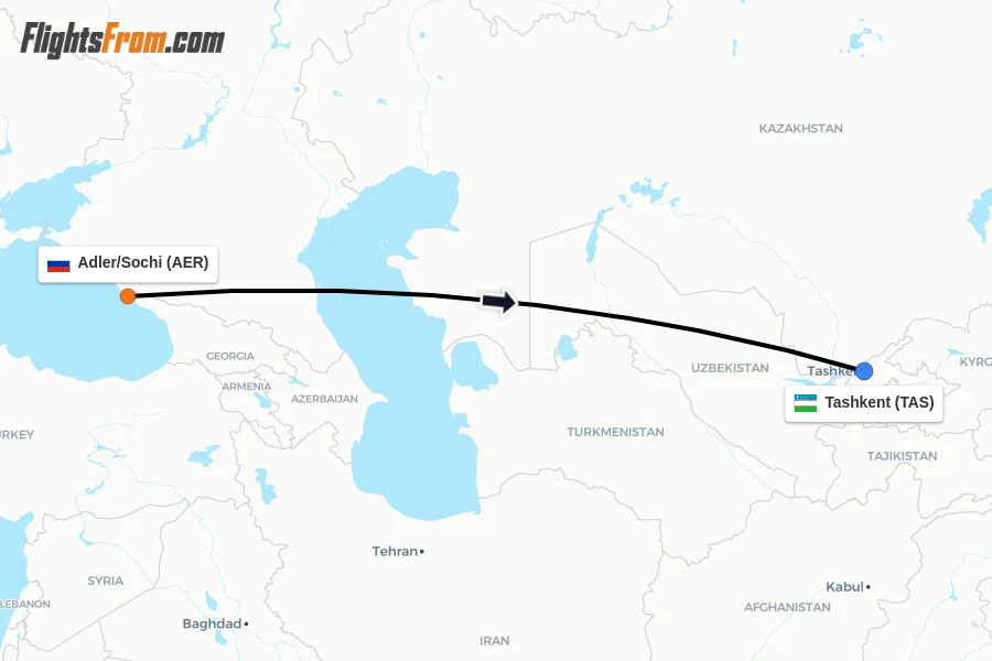 Flights from Adler/Sochi to Tashkent route map