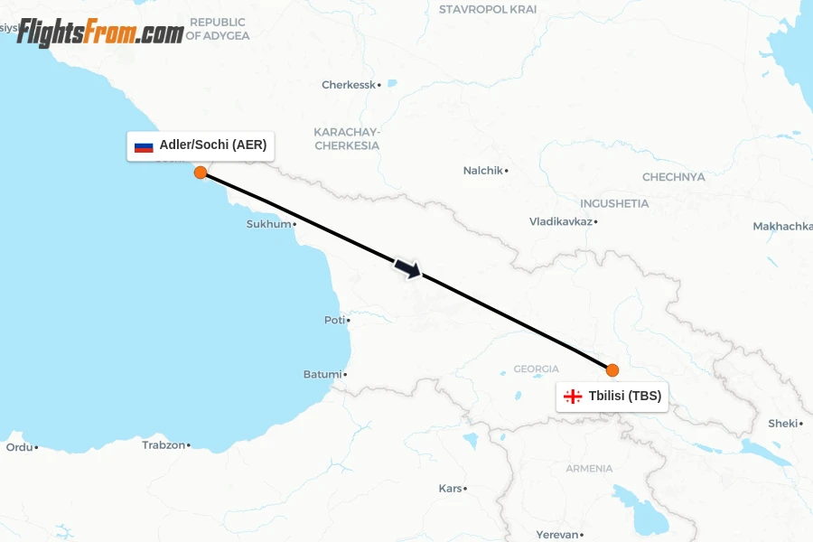 Flights from Adler/Sochi to Tbilisi route map