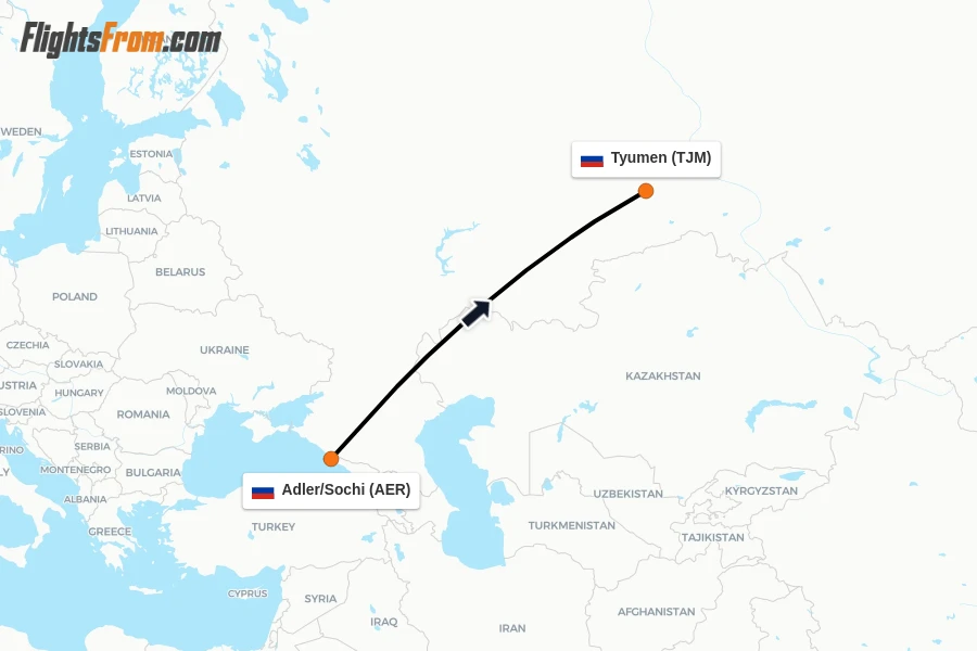 Flights from Adler/Sochi to Tyumen route map