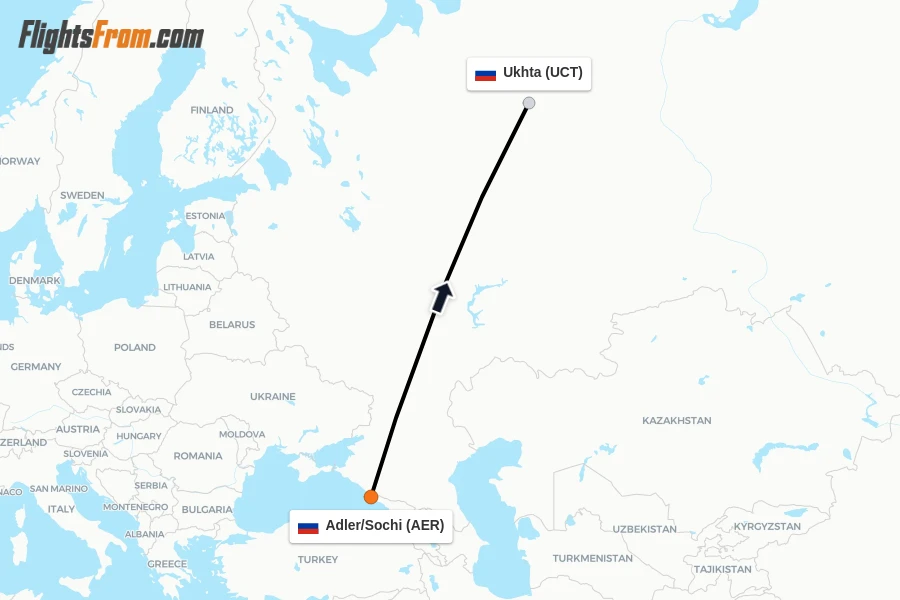 Flights from Adler/Sochi to Ukhta route map