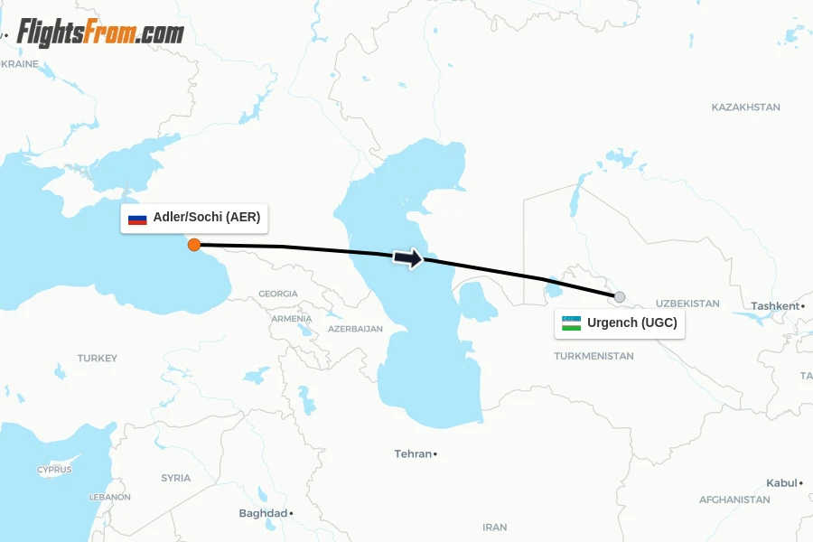 Flights from Adler/Sochi to Urgench route map
