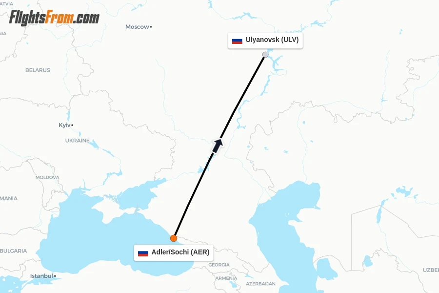 Flights from Adler/Sochi to Ulyanovsk route map