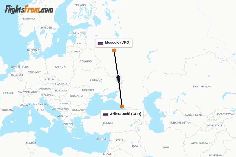 Flights from Adler/Sochi to Moscow route map