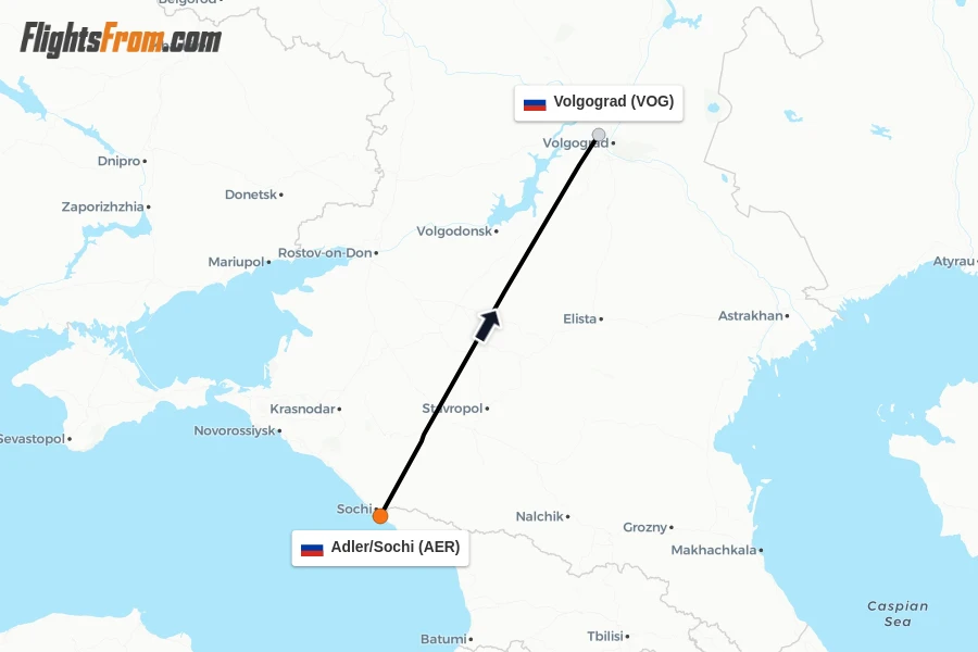 Flights from Adler/Sochi to Volgograd route map