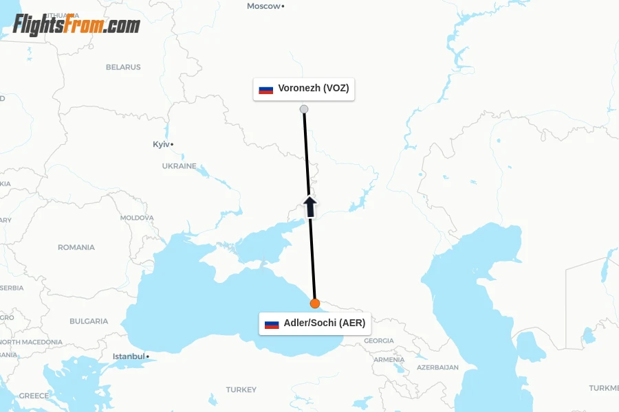 Flights from Adler/Sochi to Voronezh route map
