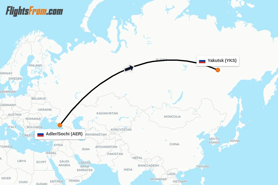 Flights from Adler/Sochi to Yakutsk route map
