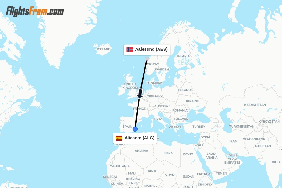 Flights from Aalesund to Alicante route map