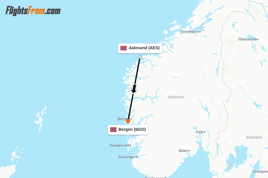 Flights from Aalesund to Bergen route map