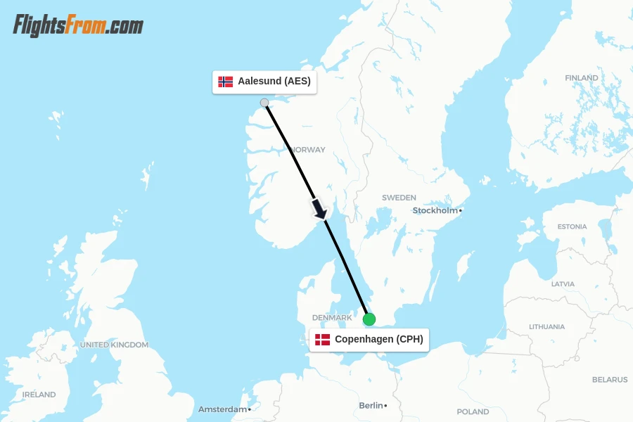 Flights from Aalesund to Copenhagen route map