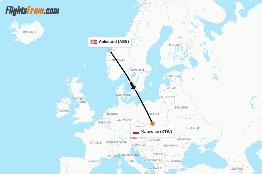 Flights from Aalesund to Katowice route map