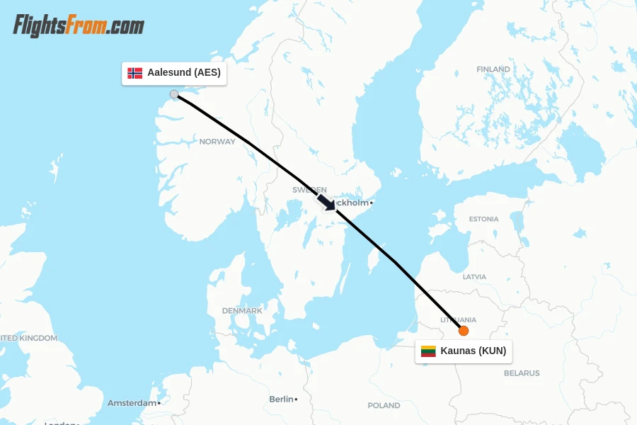 Flights from Aalesund to Kaunas route map