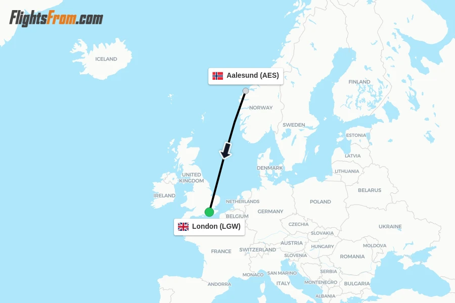 Flights from Aalesund to London route map