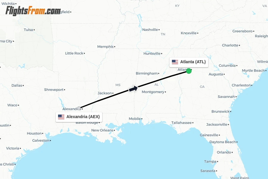 Flights from Alexandria to Atlanta route map