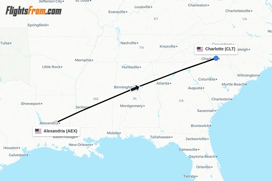 Flights from Alexandria to Charlotte route map