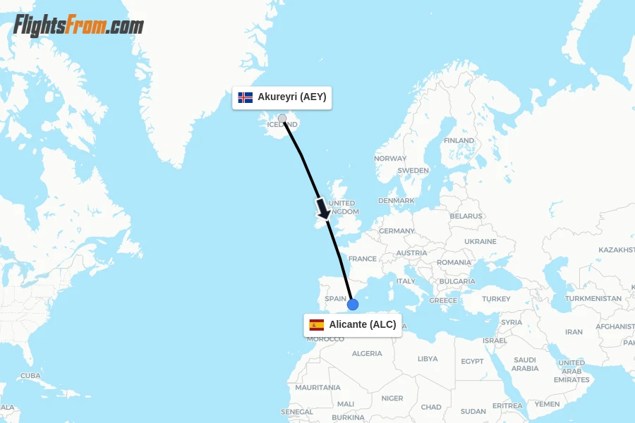 Flights from Akureyri to Alicante route map