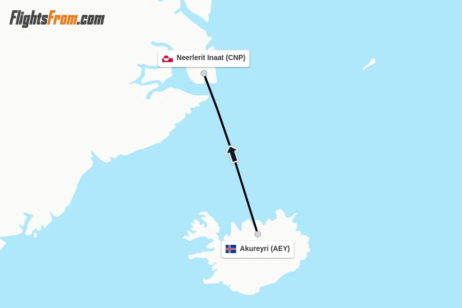 Flights from Akureyri to Neerlerit Inaat route map