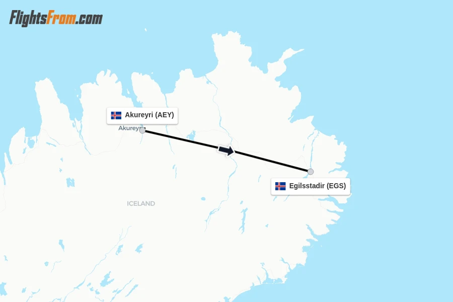 Flights from Akureyri to Egilsstadir route map