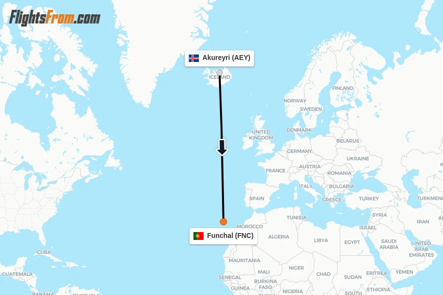 Flights from Akureyri to Funchal route map