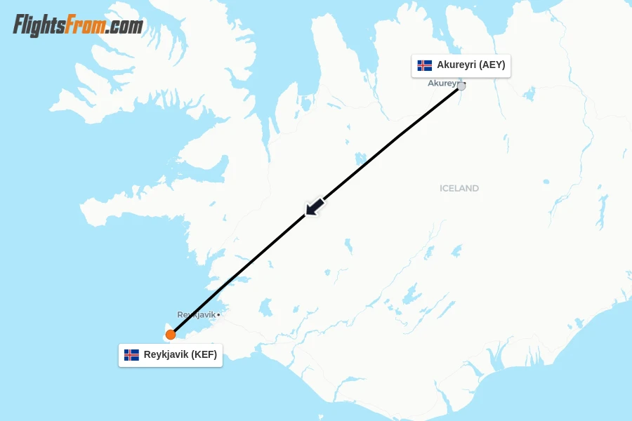 Flights from Akureyri to Reykjavik route map
