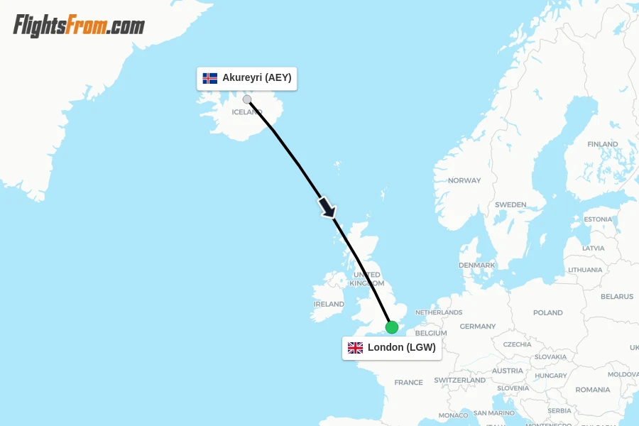 Flights from Akureyri to London route map