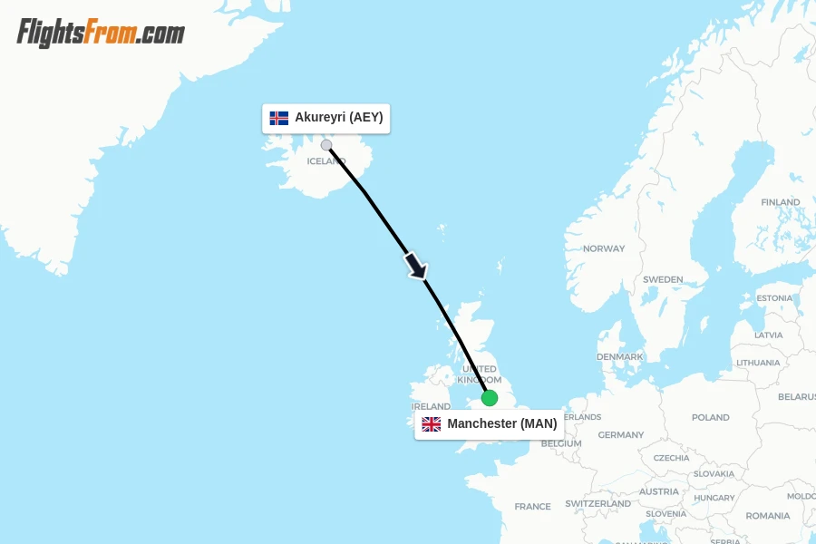 Flights from Akureyri to Manchester route map