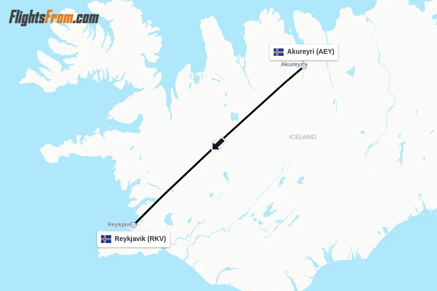 Flights from Akureyri to Reykjavik route map