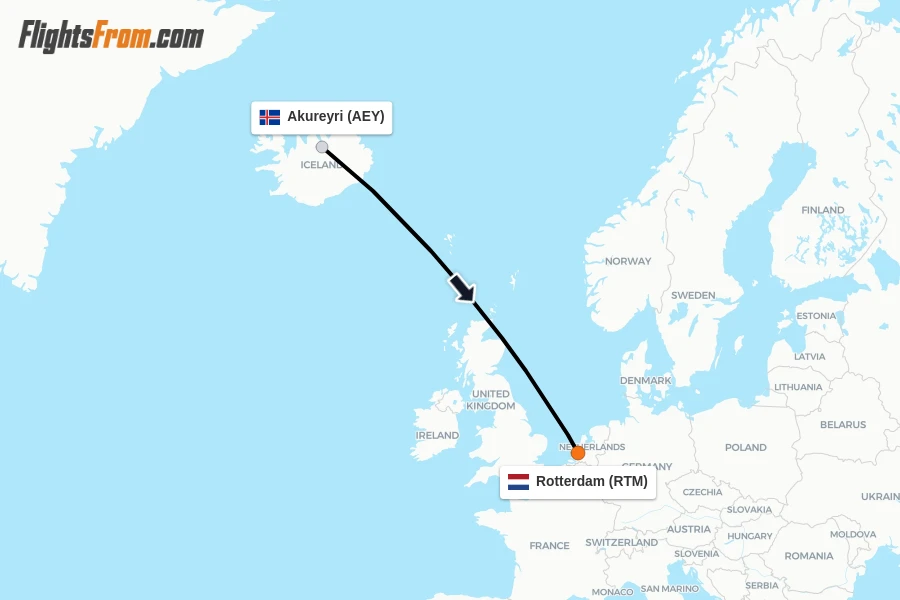 Flights from Akureyri to Rotterdam route map