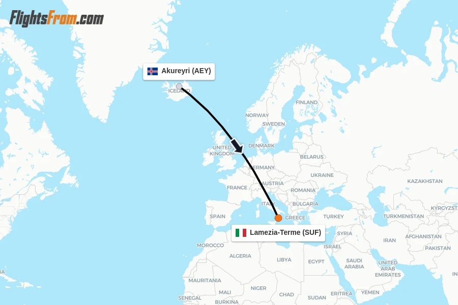 Flights from Akureyri to Lamezia-Terme route map