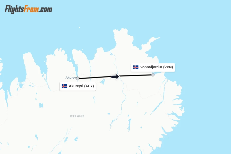 Flights from Akureyri to Vopnafjordur route map