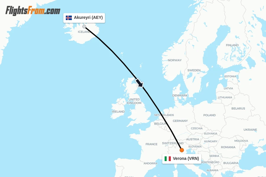 Flights from Akureyri to Verona route map