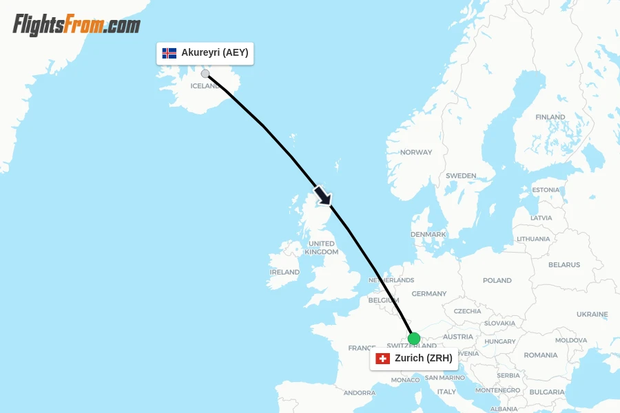 Flights from Akureyri to Zurich route map