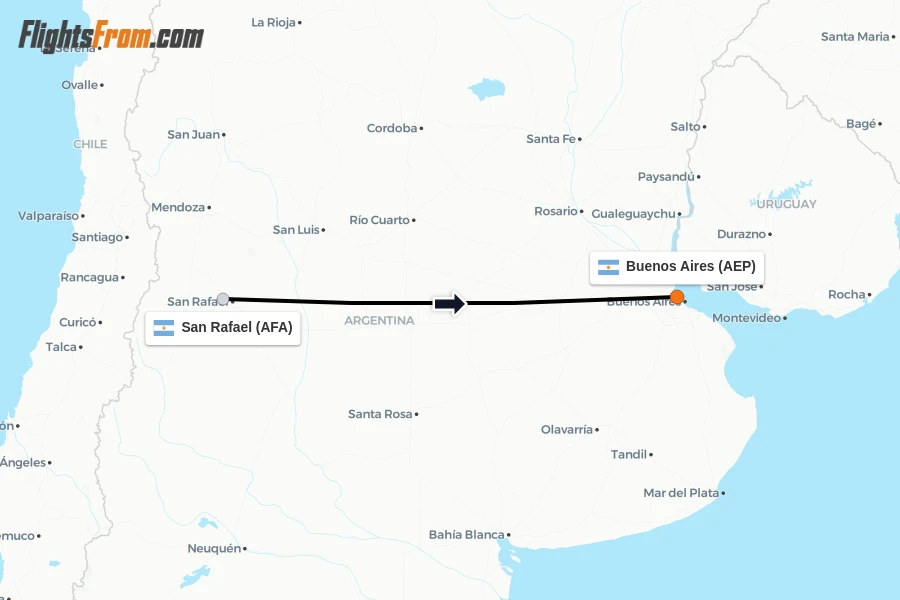Flights from San Rafael to Buenos Aires route map