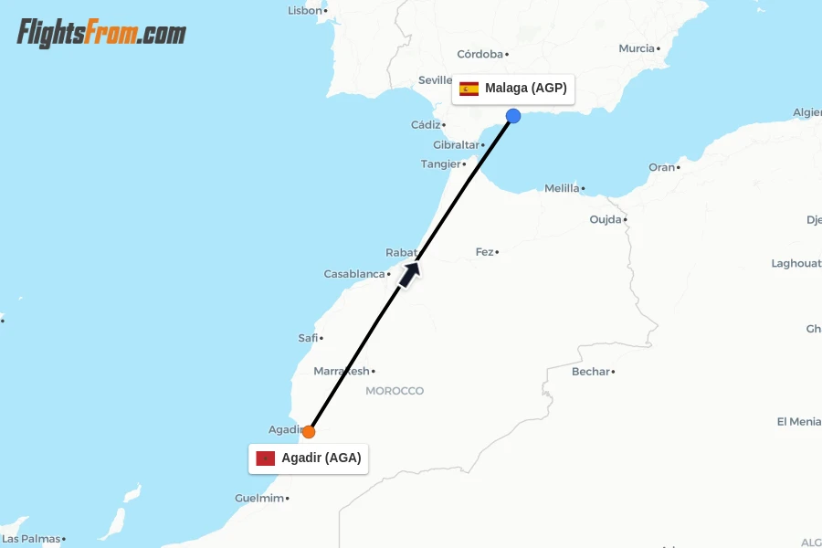 Flights from Agadir to Malaga route map