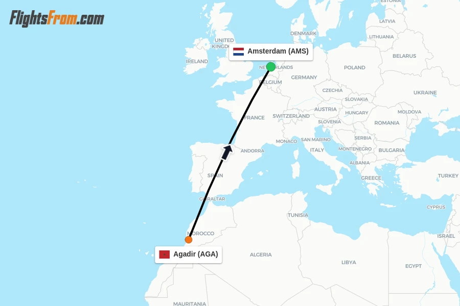 Flights from Agadir to Amsterdam route map