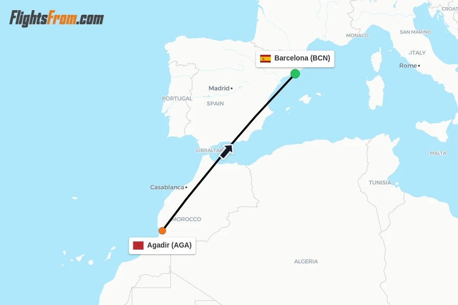 Flights from Agadir to Barcelona route map