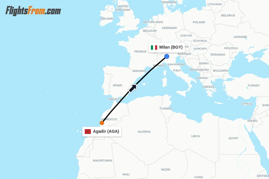 Flights from Agadir to Milan route map