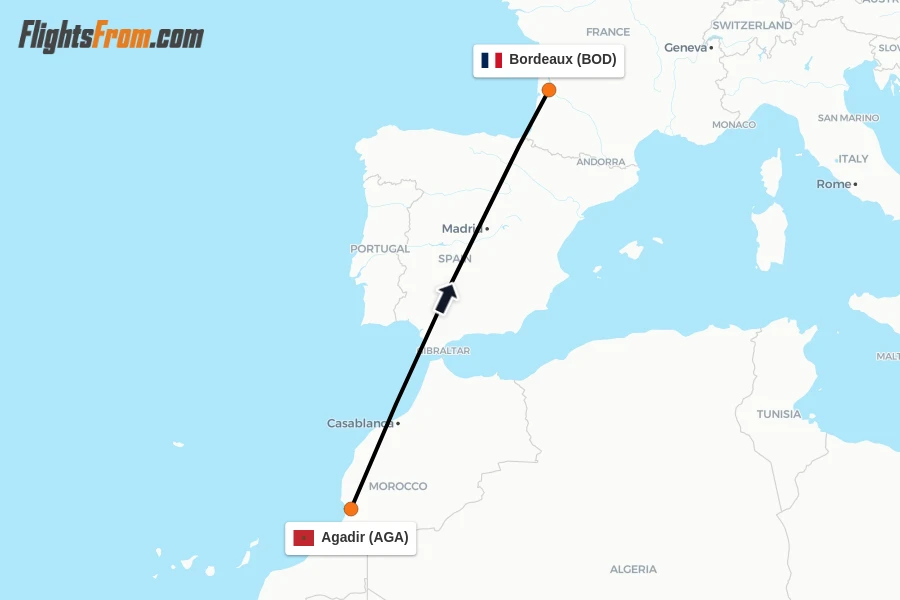 Flights from Agadir to Bordeaux route map