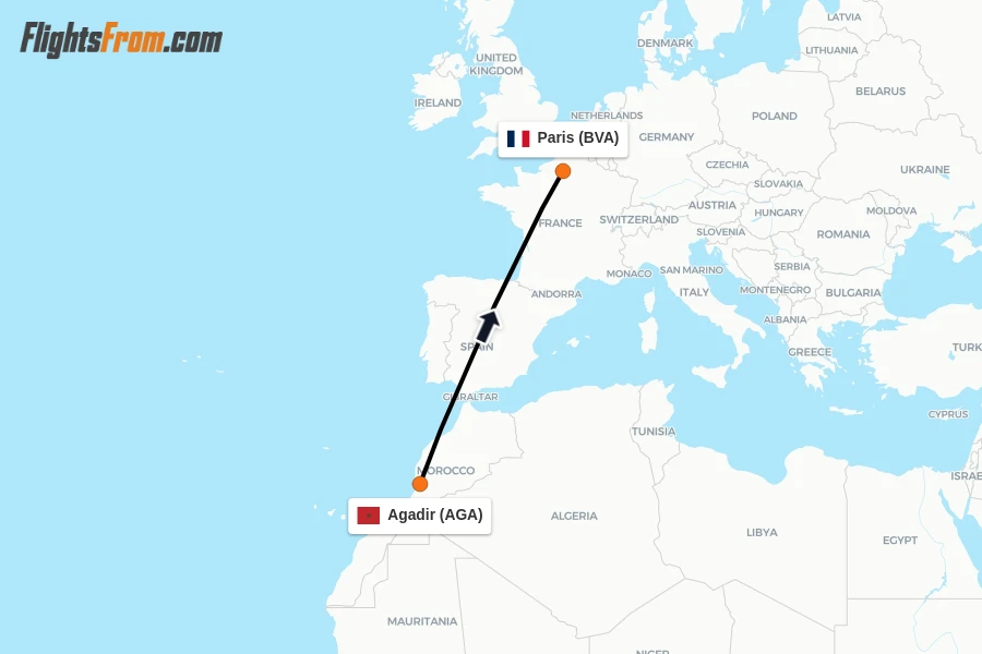 Flights from Agadir to Paris route map