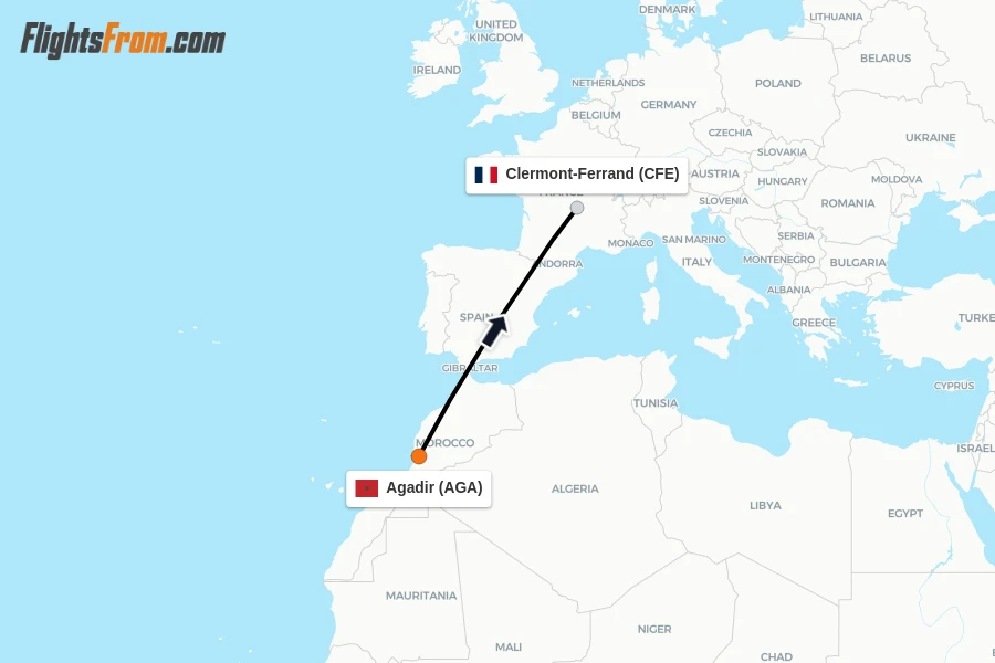 Flights from Agadir to Clermont-Ferrand route map