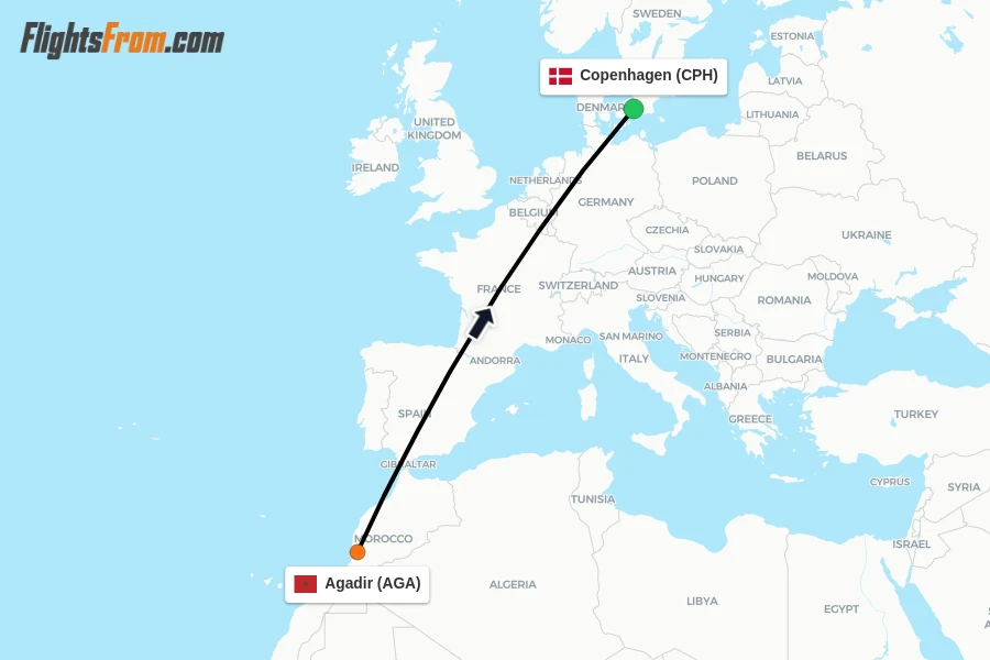Flights from Agadir to Copenhagen route map