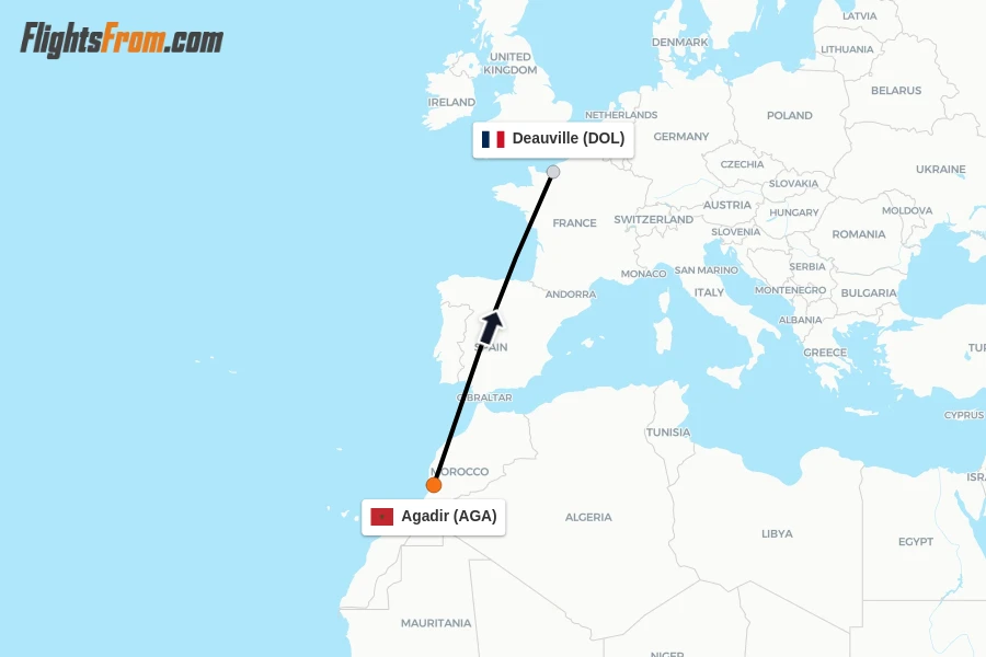 Flights from Agadir to Deauville route map