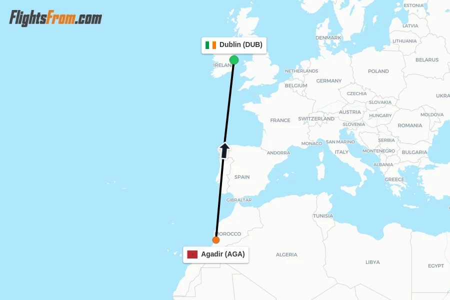 Flights from Agadir to Dublin route map
