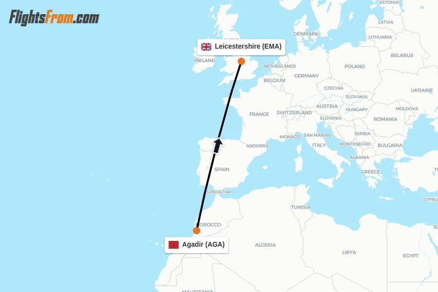 Flights from Agadir to Leicestershire route map