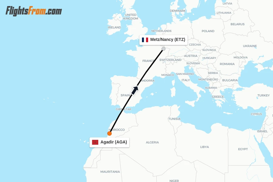 Flights from Agadir to Metz/Nancy route map