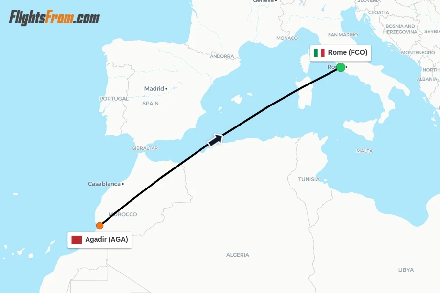 Flights from Agadir to Rome route map