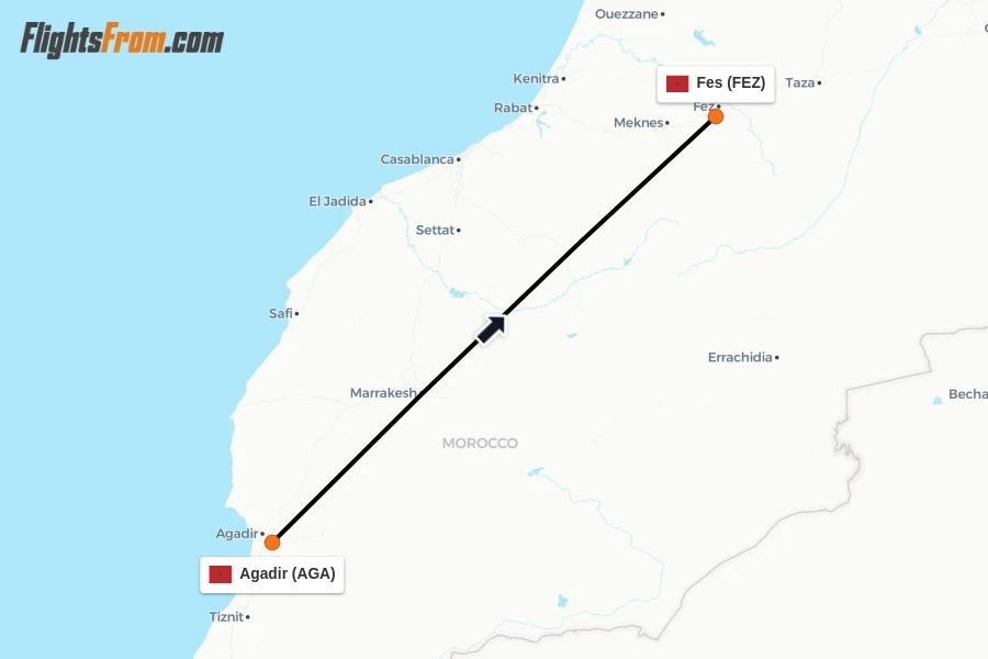 Flights from Agadir to Fes route map