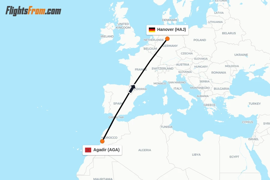 Flights from Agadir to Hanover route map