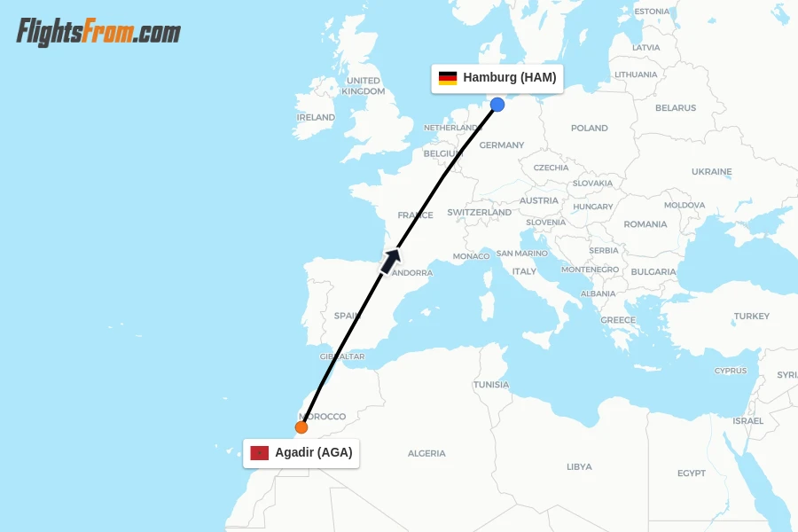 Flights from Agadir to Hamburg route map
