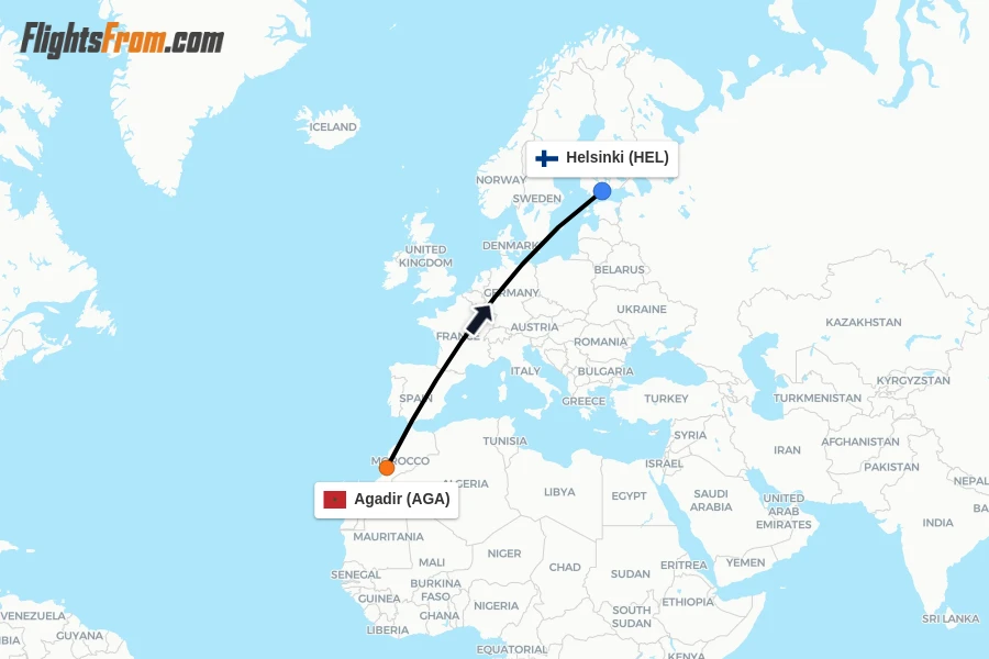 Flights from Agadir to Helsinki route map